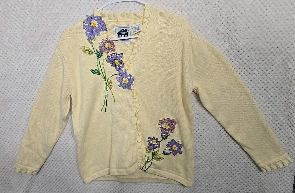 Storybook Knits Cardigan M Floral Sequin Beaded Yellow Ruffle Cottagecore #0325